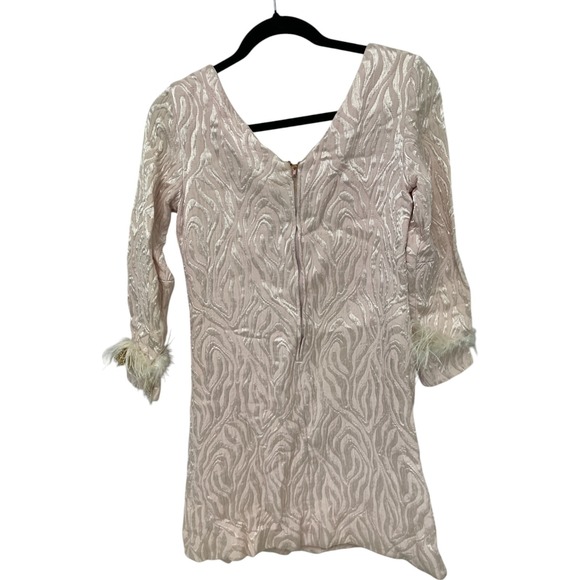 Vintage 60s Feather Cuff Brocade MOD Cocktail Dress Buttons The Collection Small - Picture 4 of 16